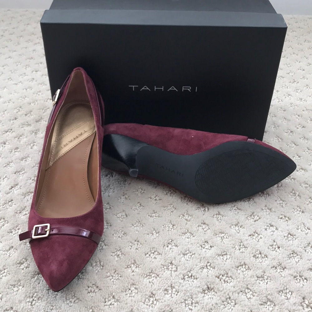 Tahari Burgundy Pointed Toe Heels with Buckle Trim - Picture 4 of 5